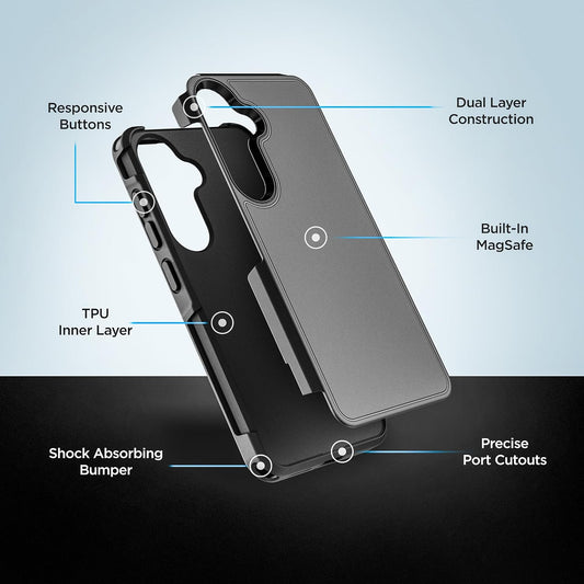 Encased Designed for Samsung Galaxy S25 Plus Case, Compatible with MagSafe Qi2 (Challenger Series) Heavy Duty Rugged Dual Layer Protection (Black)