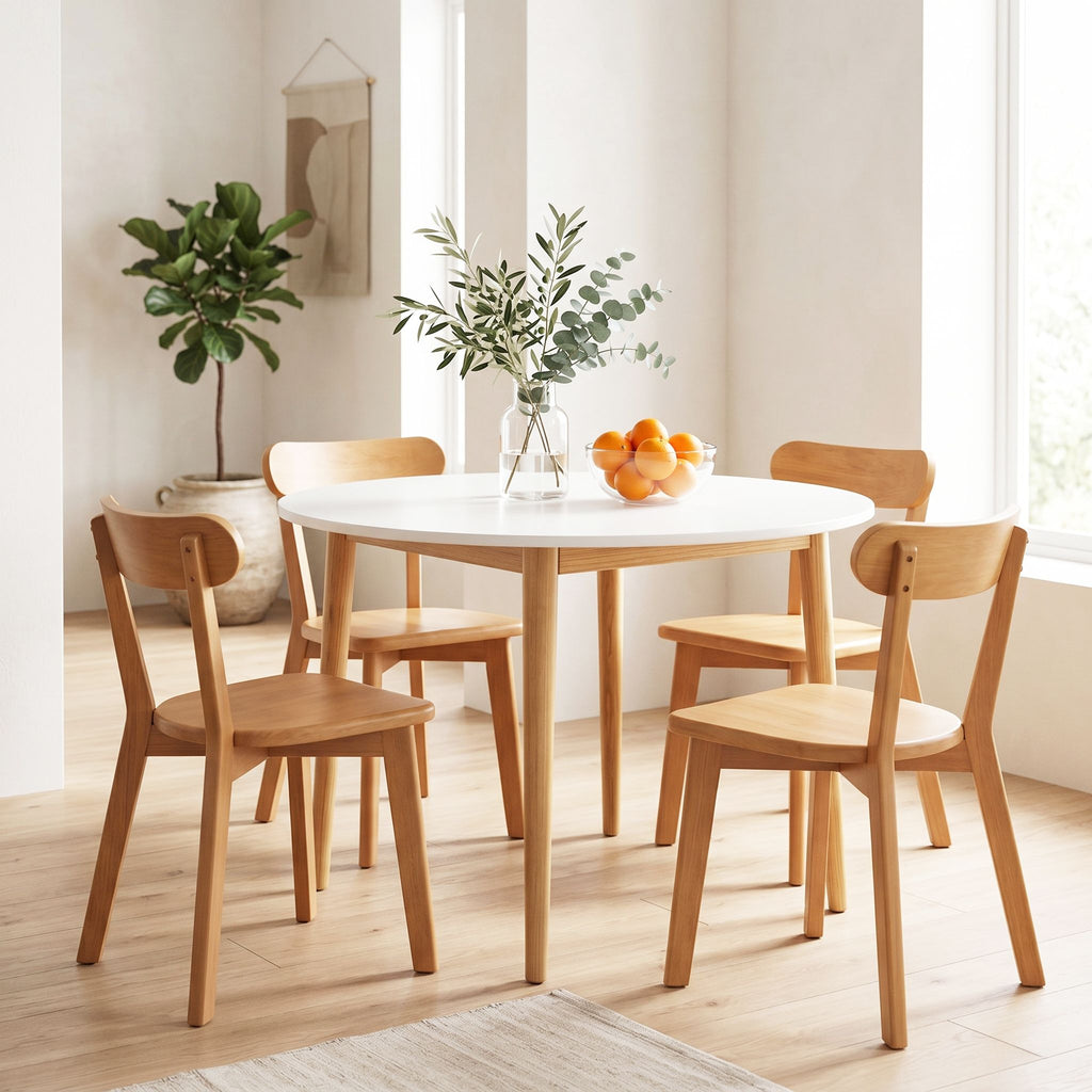 Artiss Round Dining Table and Chairs Set (5-Piece) – 108cm, White Timber