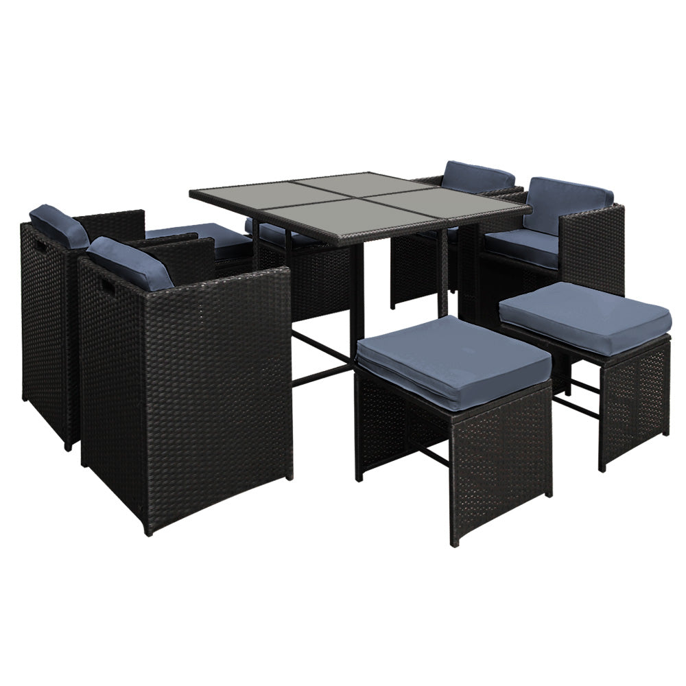 Gardeon Outdoor Wicker Dining Set (9-Piece), Black