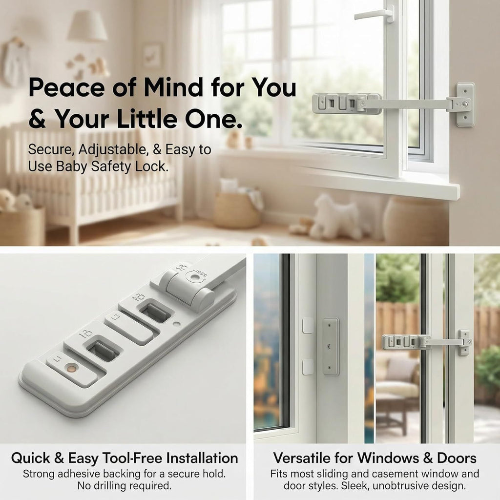 Child Safety Window Lock – 3-Level Restrictor, No-Drill, Gray