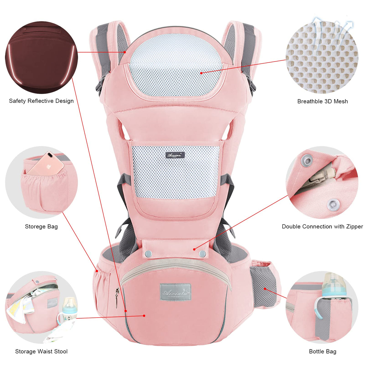 6-in-1 Adjustable Baby Hip Seat Carrier – Breathable Mesh, Pink – photo 2 of 5