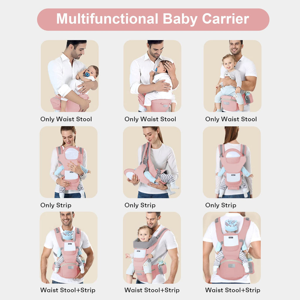 6-in-1 Adjustable Baby Hip Seat Carrier – Breathable Mesh, Pink