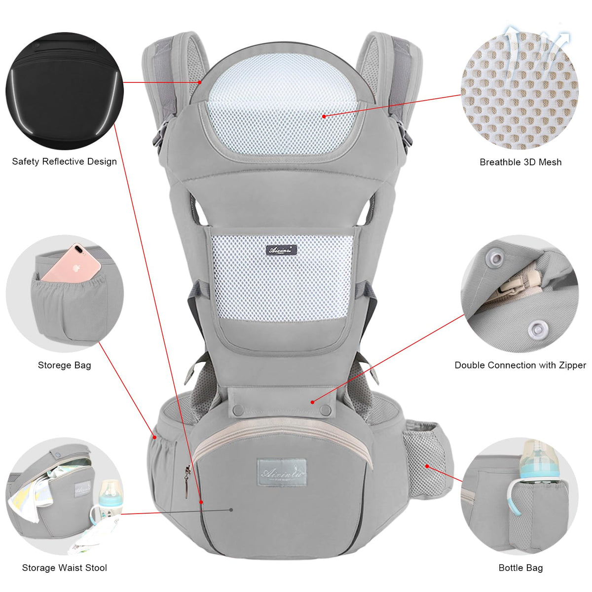 6-in-1 Adjustable Baby Hip Seat Carrier – Breathable Mesh, Grey – photo 2 of 5