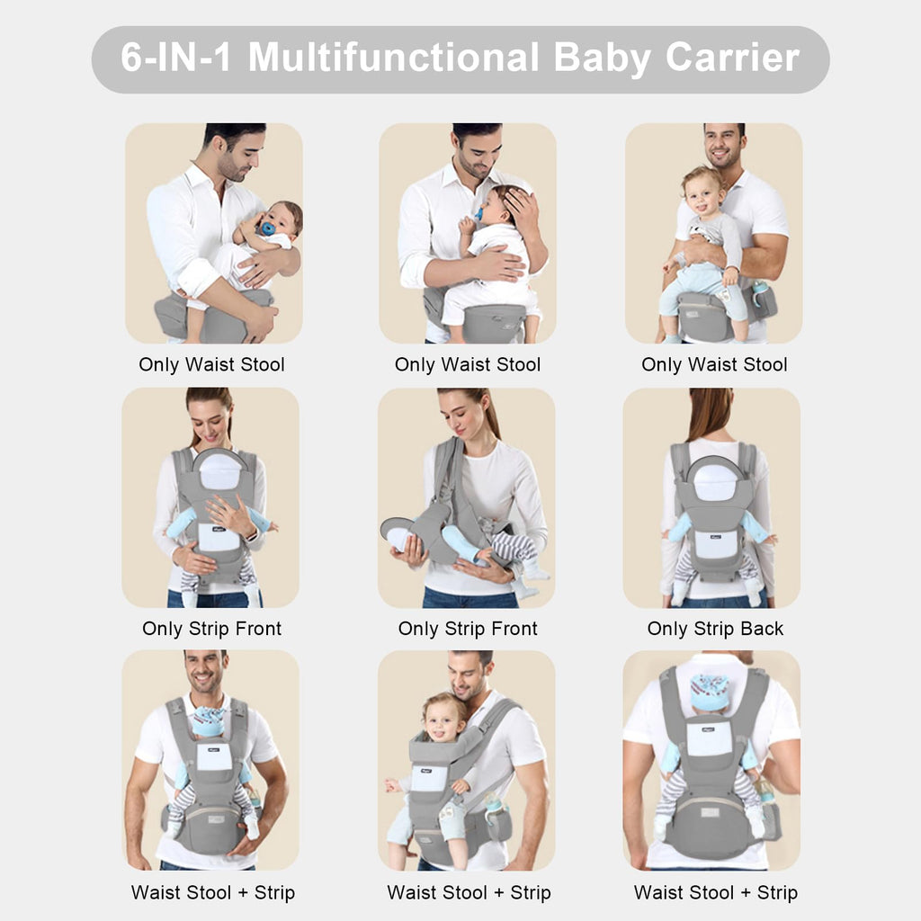 6-in-1 Adjustable Baby Hip Seat Carrier – Breathable Mesh, Grey