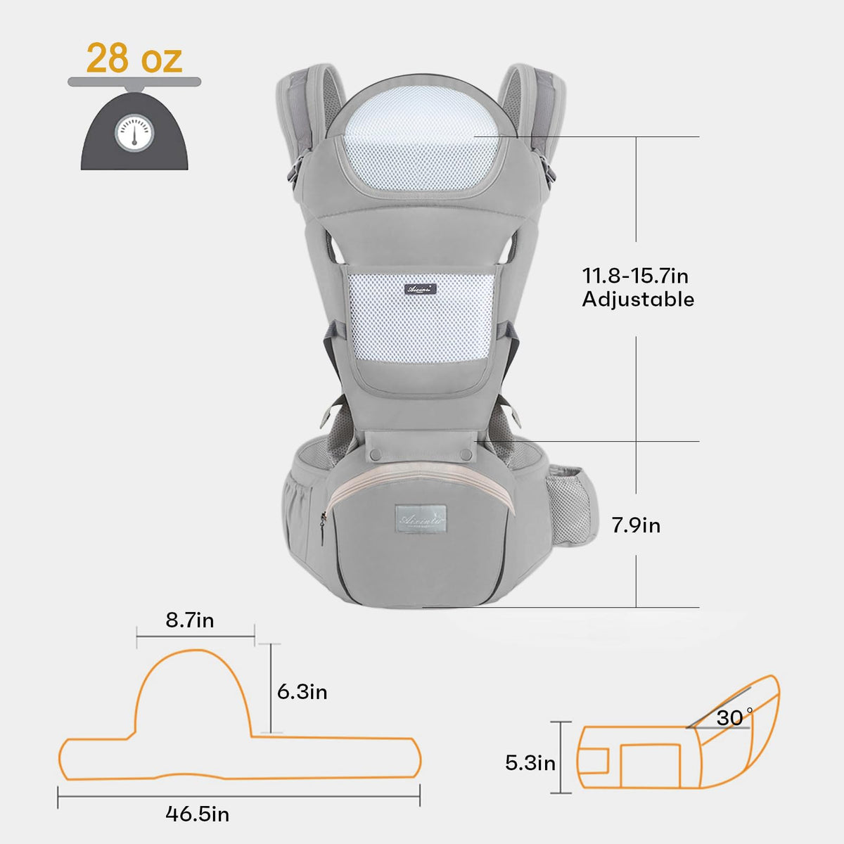 6-in-1 Adjustable Baby Hip Seat Carrier – Breathable Mesh, Grey