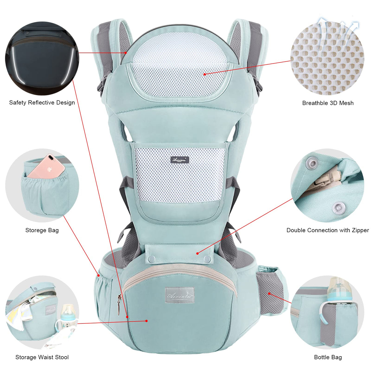 6-in-1 Adjustable Baby Hip Seat Carrier – Breathable Mesh, Green – photo 2 of 5