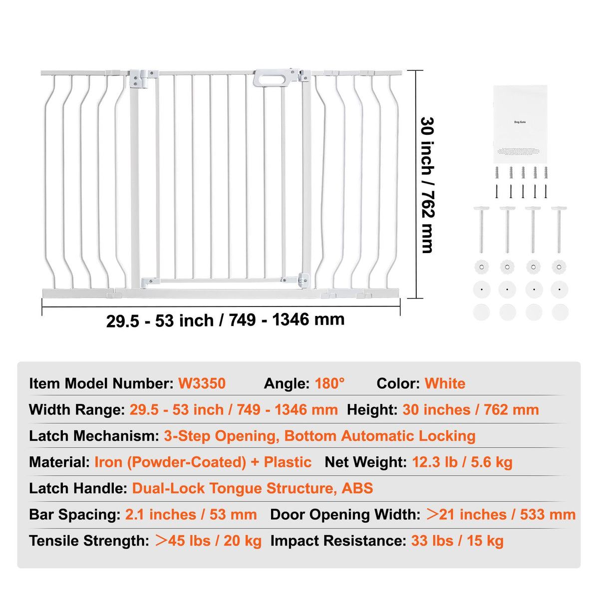 Auto-Close Baby & Pet Safety Gate – Extra Wide 749-1346mm, White