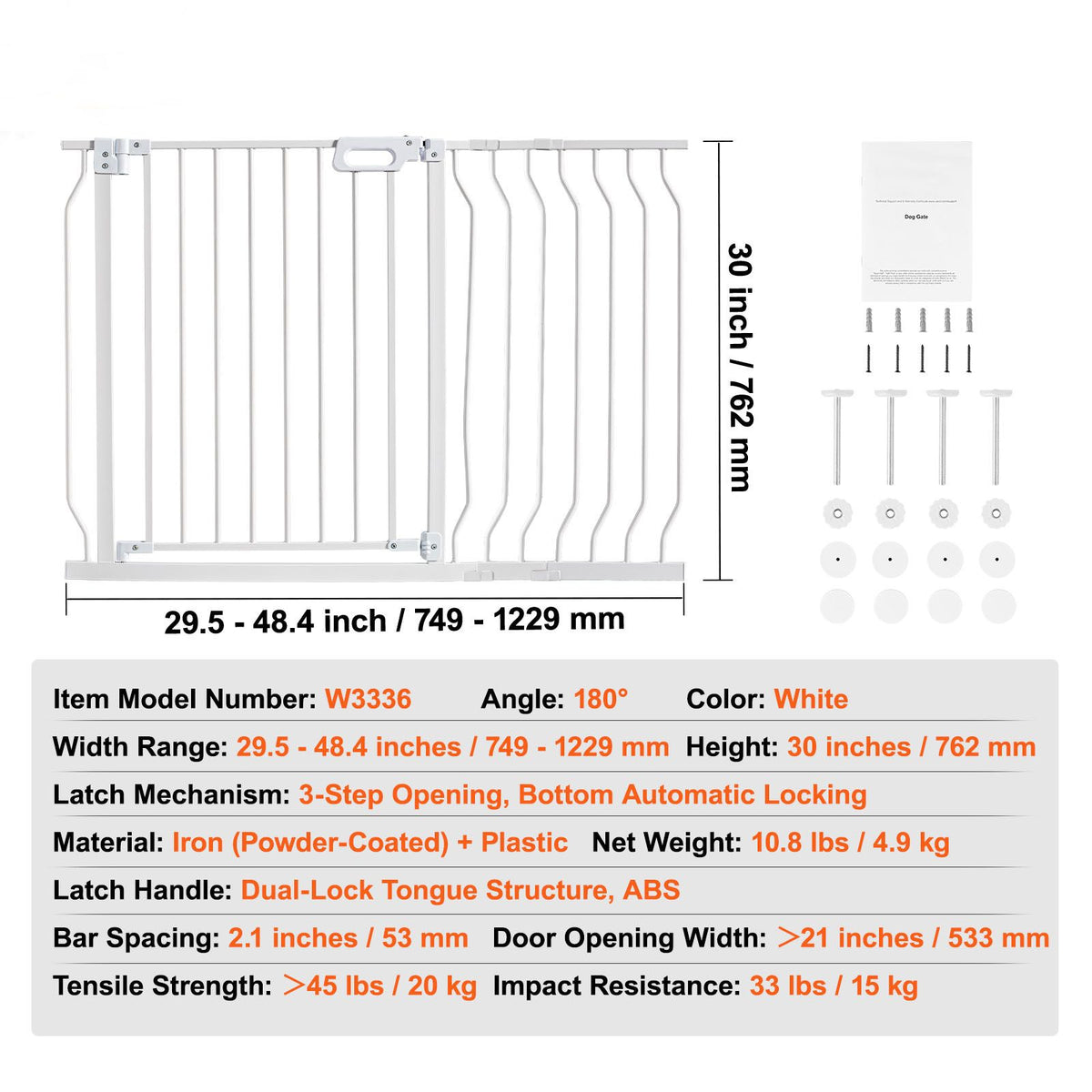 Auto-Close Baby & Pet Safety Gate – Extra Wide 749-1229mm, White