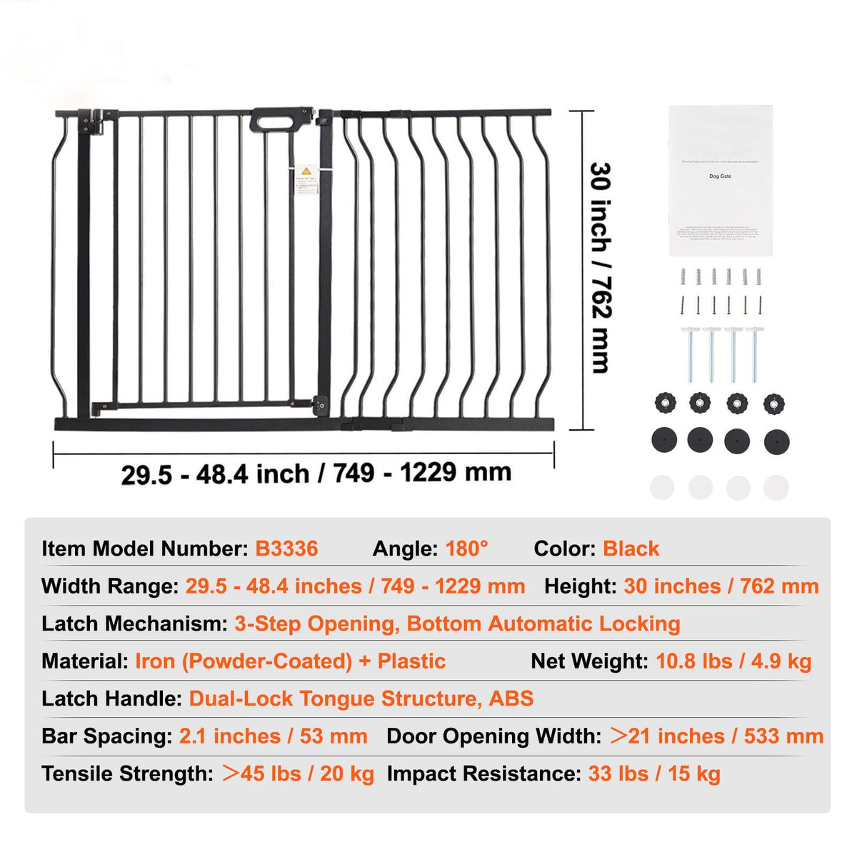 Auto-Close Baby & Pet Safety Gate – Extra Wide 749-1229mm, Black