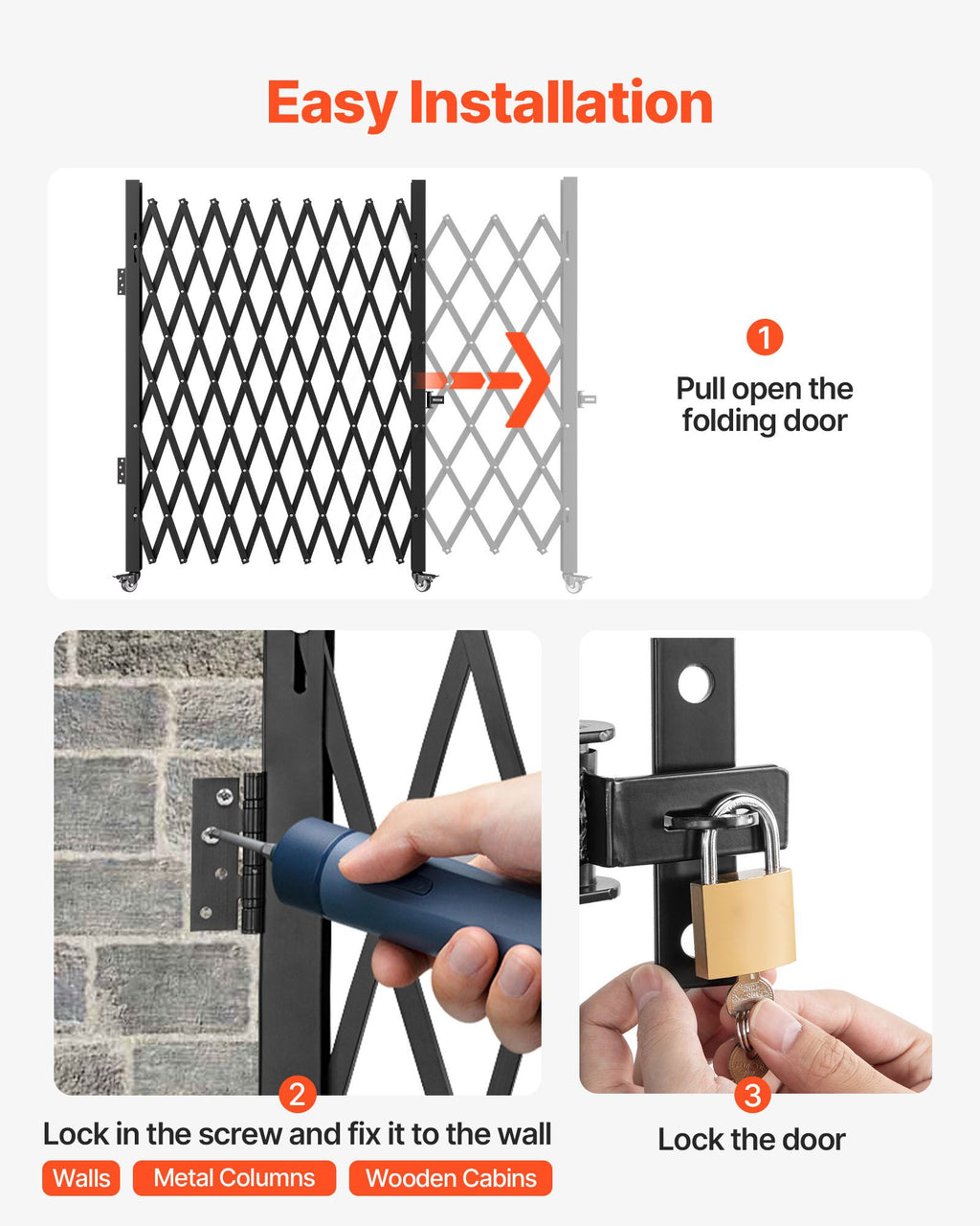 Folding Security Gate – Steel Accordion, 85x95in, with Padlock – photo 4 of 5