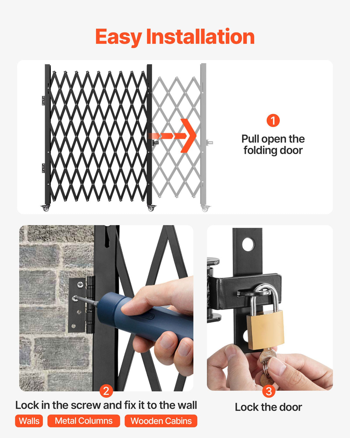 Folding Security Gate – Steel Accordion, 85x95in, with Padlock – photo 4 of 5