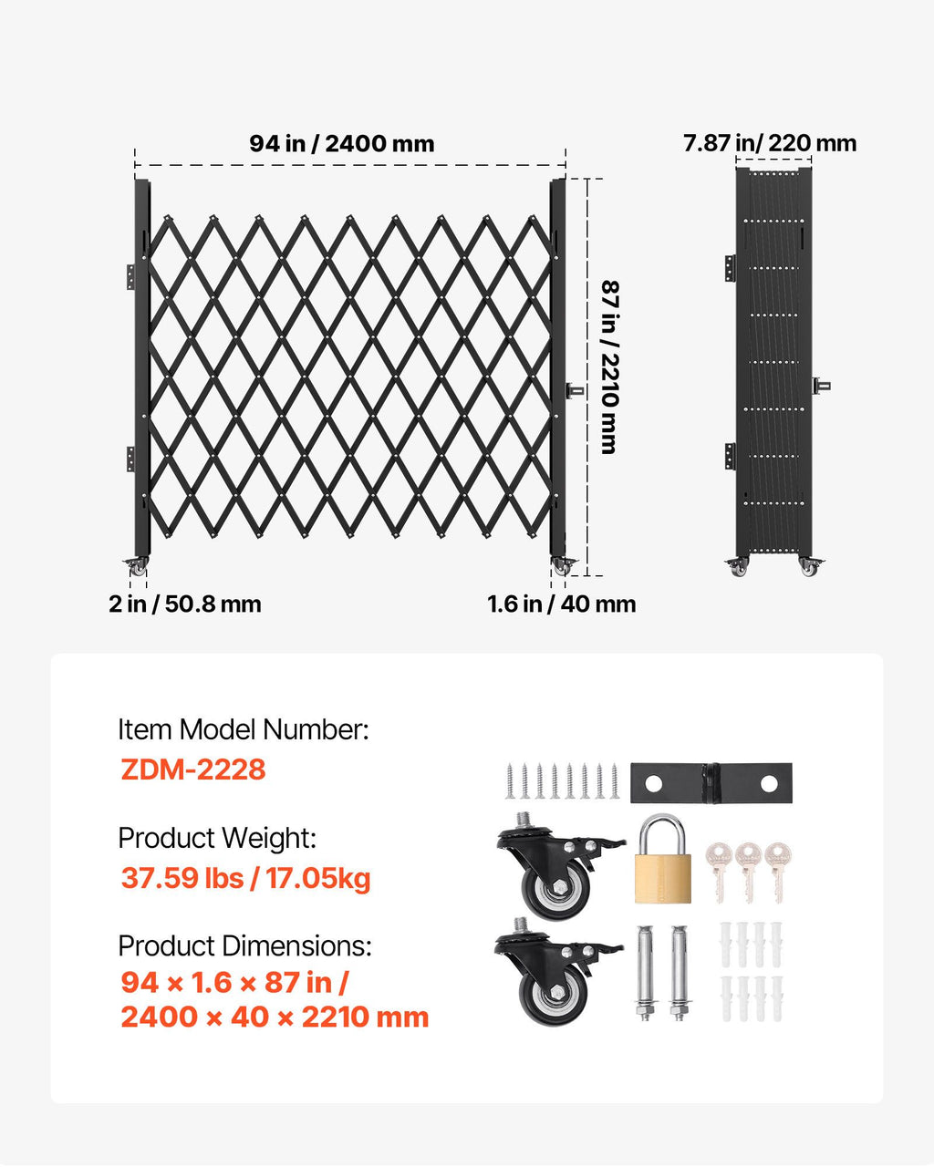 Folding Security Gate – Steel Accordion, 85x95in, with Padlock