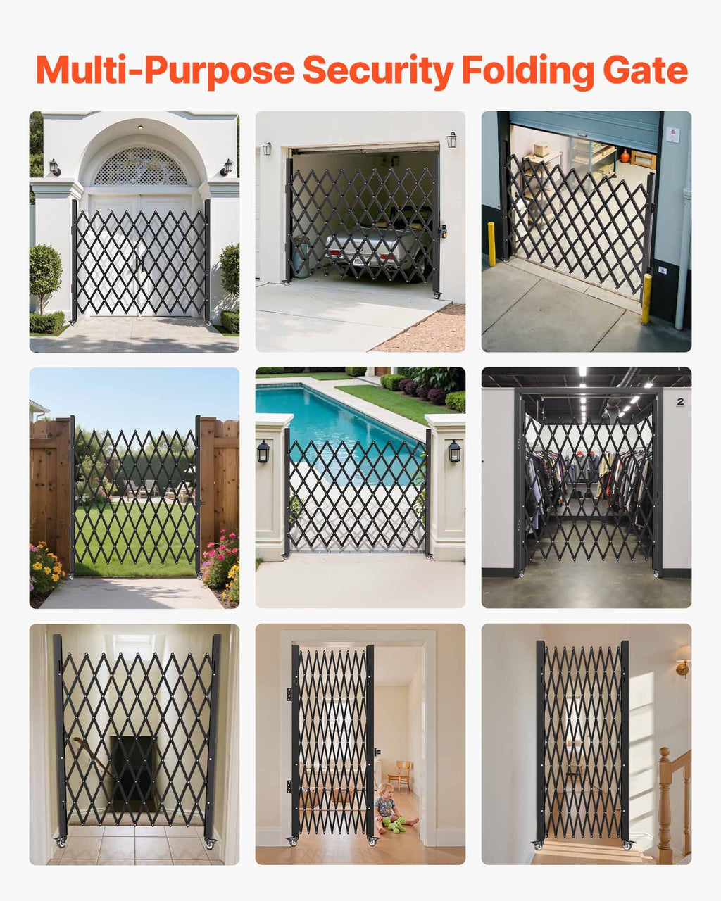 Folding Security Gate – Steel Accordion, 85x95in, with Padlock