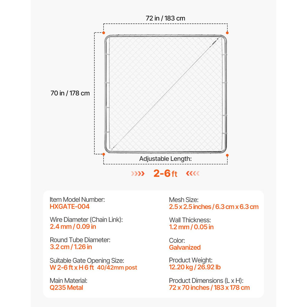 Chain Link Fence Gate – Adjustable 70x72in, Rust-Resistant