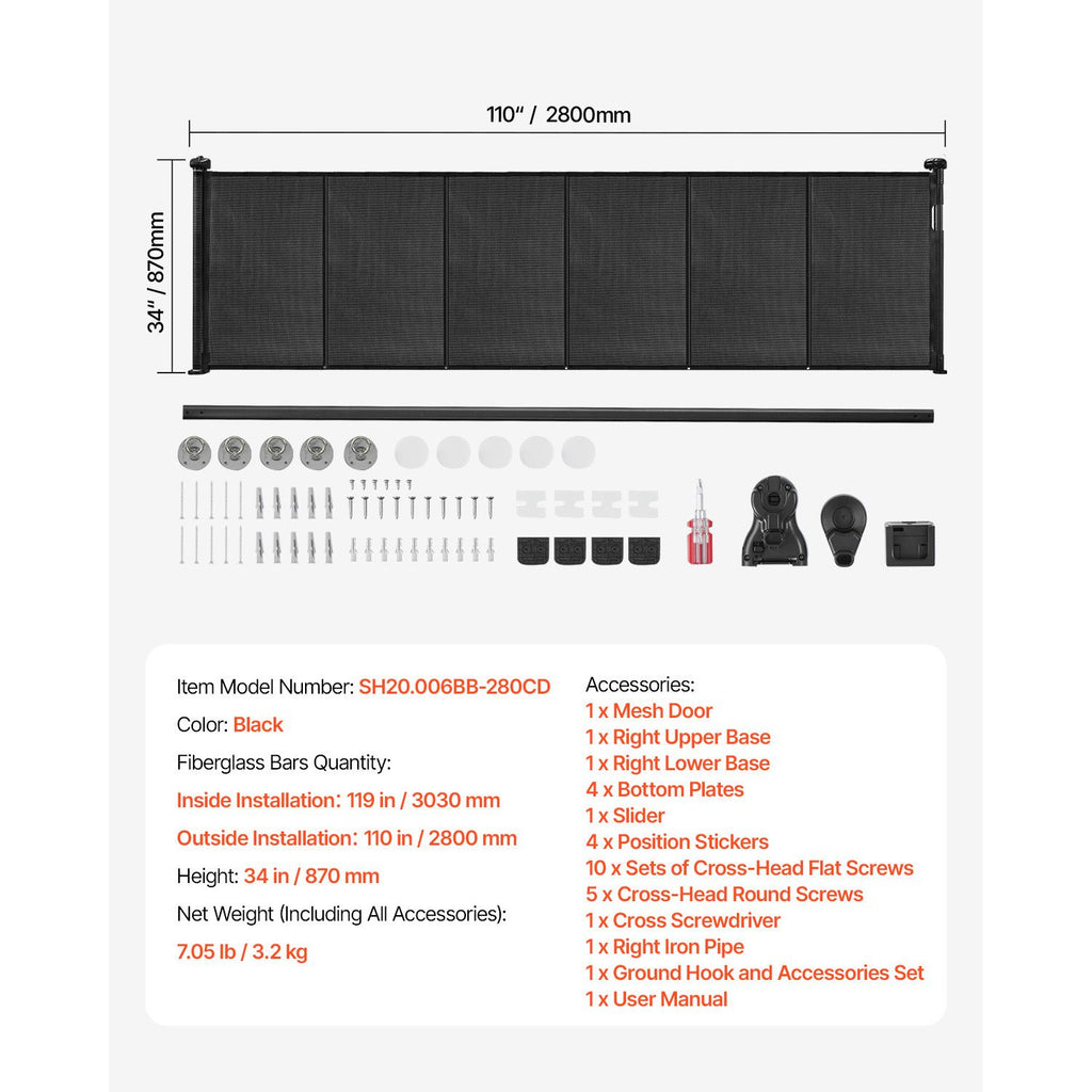 Retractable Baby Gate – Extends to 2800mm, Mesh, Black