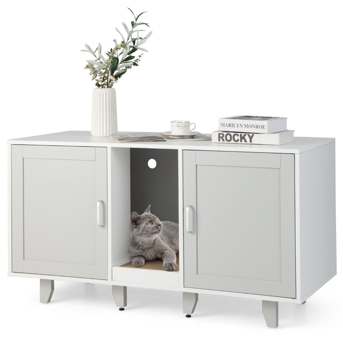 NNECW Cat Litter Box Enclosure TV Stand with Scratching Board for 2 Cats